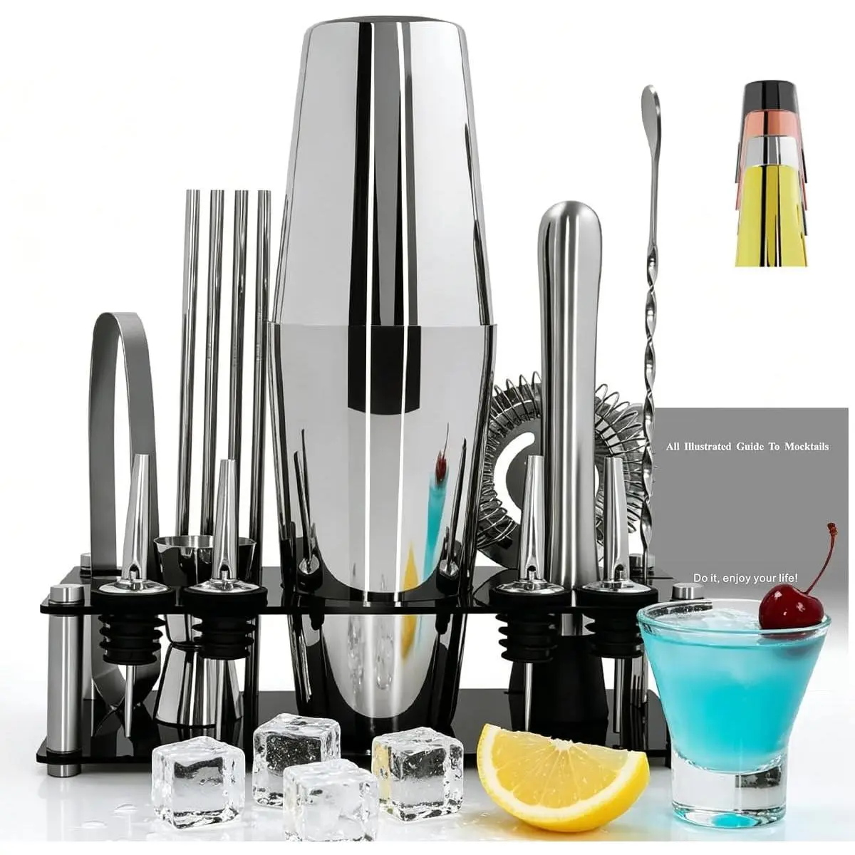 Professional  Shaker Set with Stand  Recipes, 15- 750/600ml Bartender Kit, Bar Sets Bartending Kit Bar Tool Set 25/20oz  Shakers, Jigger, Muddler ()