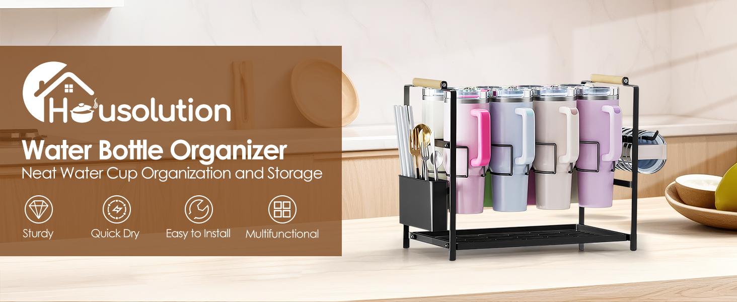 Water Bottle Organizer Drying Rack for 40 oz Tumbler with Handle, 2 in 1 Multifunctional Cup Storage Holder Compatible with Stanley, Owala, Simple Modern, Soufull, 8 Slots (Patented)