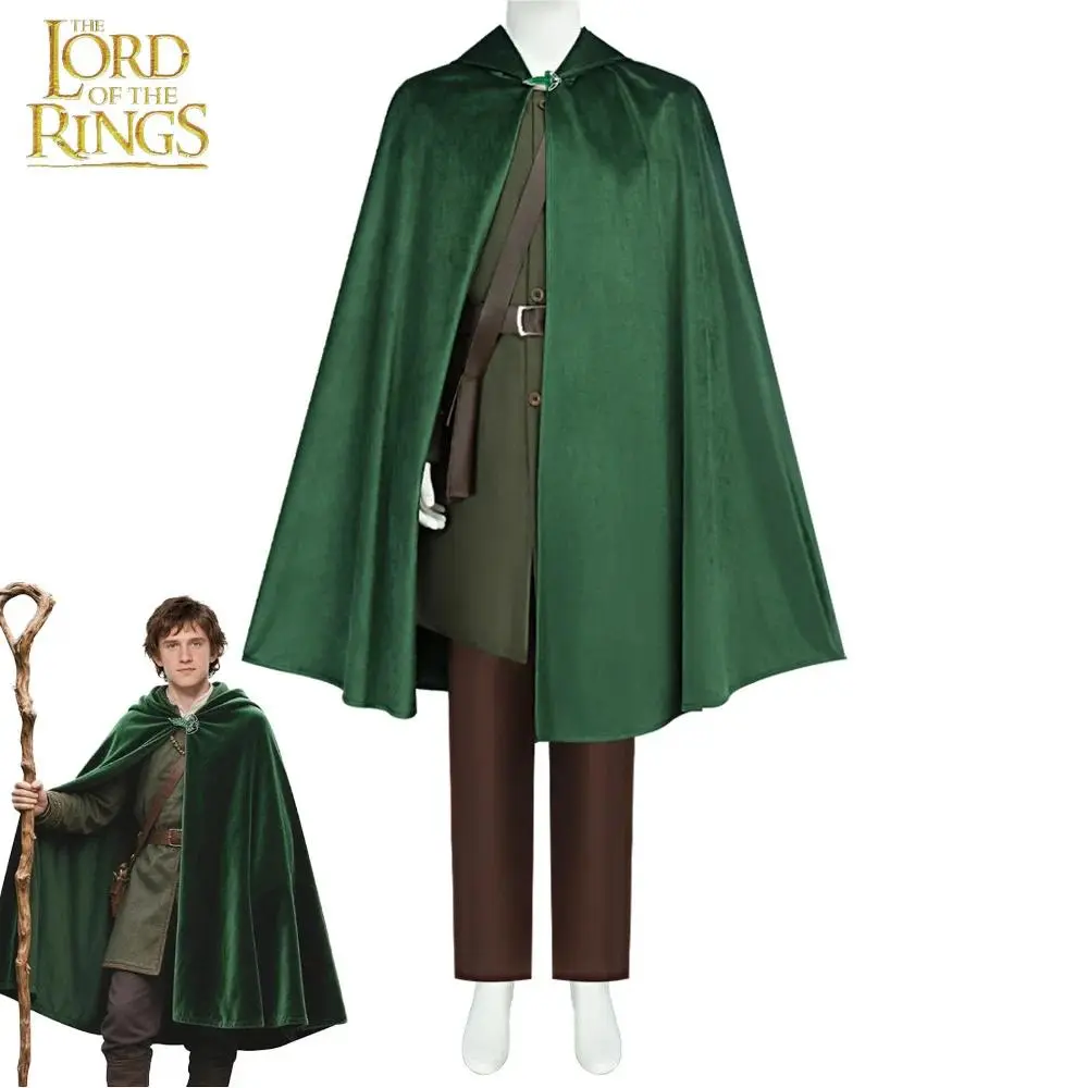 Hobbit Cosplay Costume Bilbo Baggins Medieval Cloak Renaissance Cloak Lord of The Rings Halloween Cape Vestment with Brooch Sets