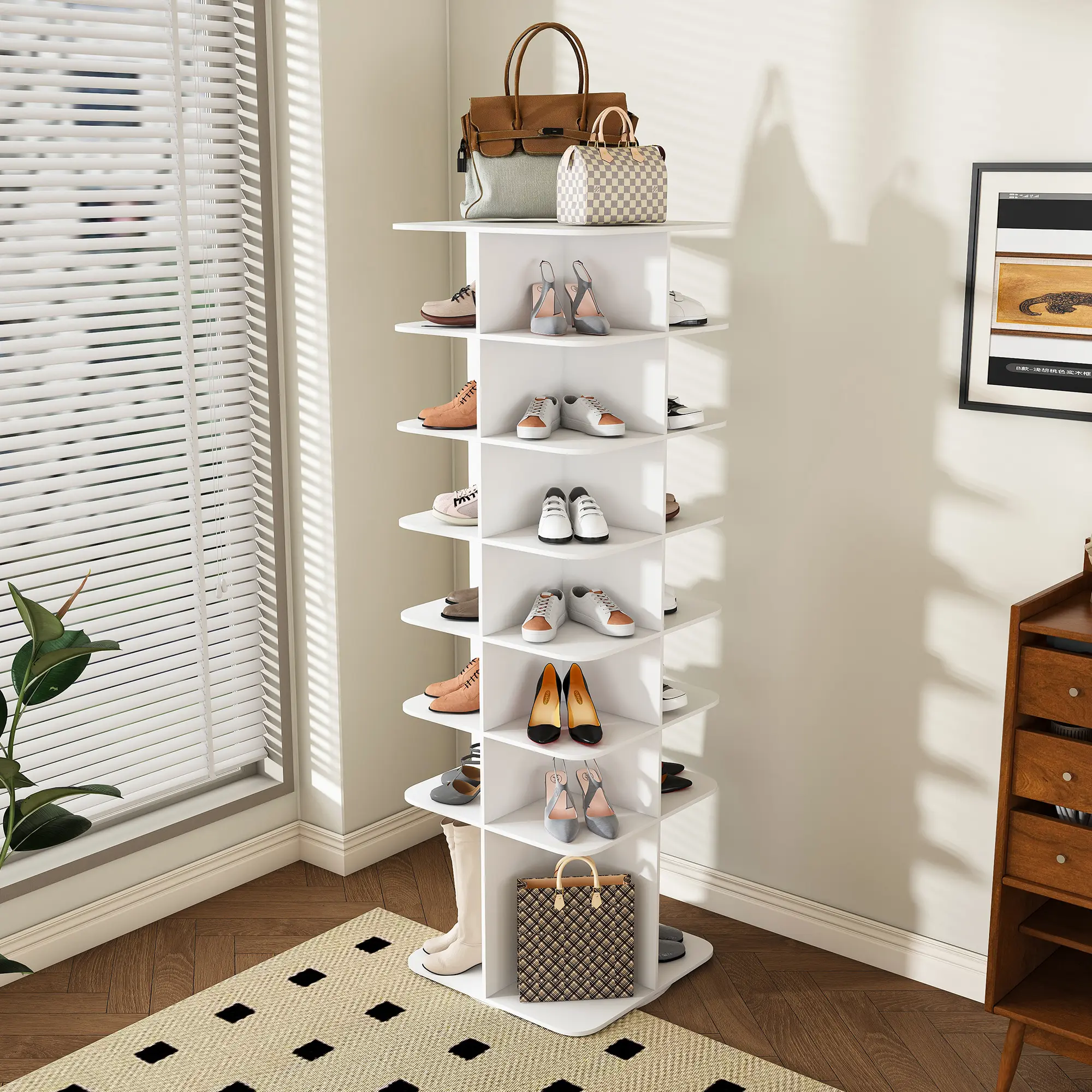 Nokaa 7-Tier Rotating Shoe Rack Tower, 360° Spinning Shoe Organizer, Free Standing Lazy Susan Storage, High Bottom Design Fits 28 Pairs, White Plastic for Bedroom Closet Entryway, Multiple Options