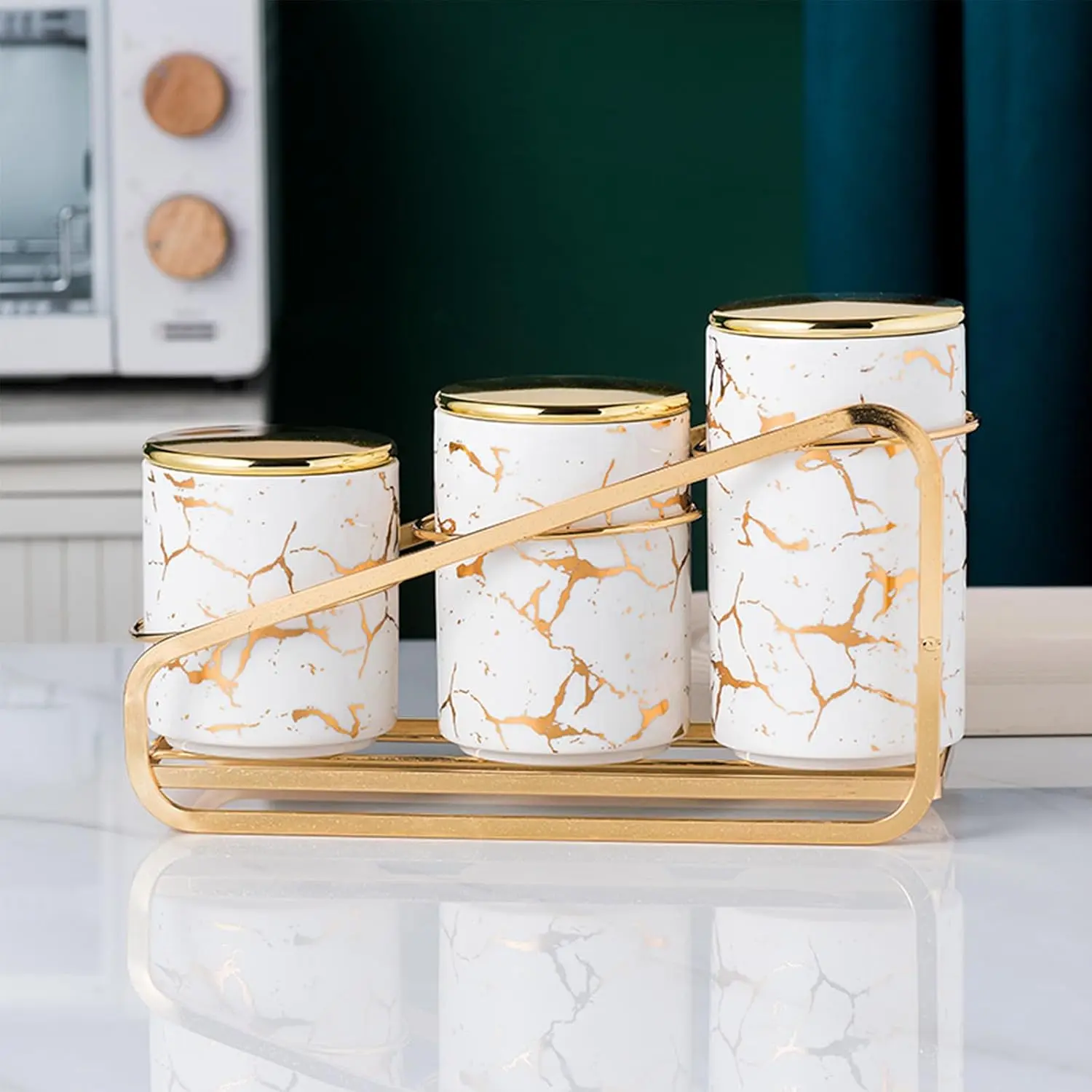 Ceramic Canister Set for Kitchen Countertop - A Set of 3 Kitchen Canisters with Tiered Shelf, Airtight Countertop Flour and Sugar Containers, Coffee and  Storage (White)