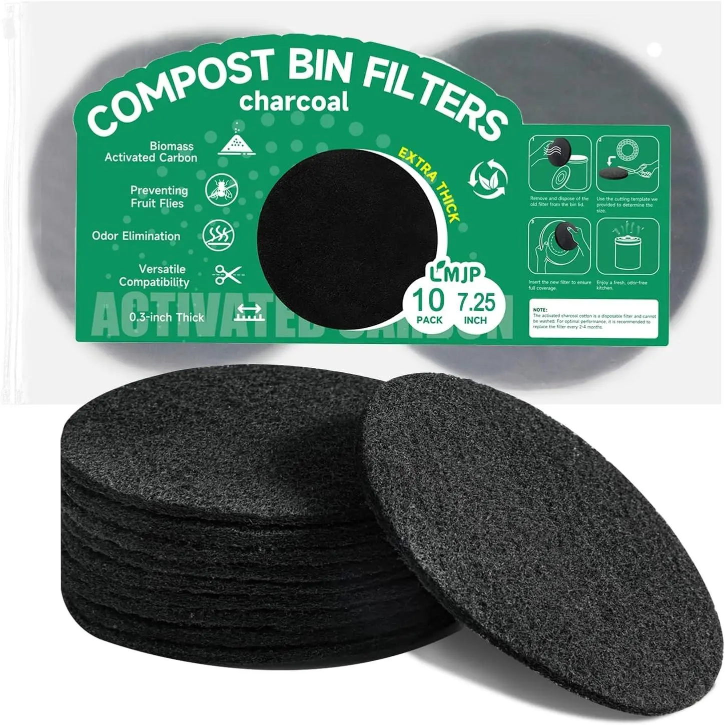 7.25 in Activated Carbon Charcoal Filters, 10-Pack for Kitchen Countertop Compost Bins - 0.3 in Extra Thick for Longer Use