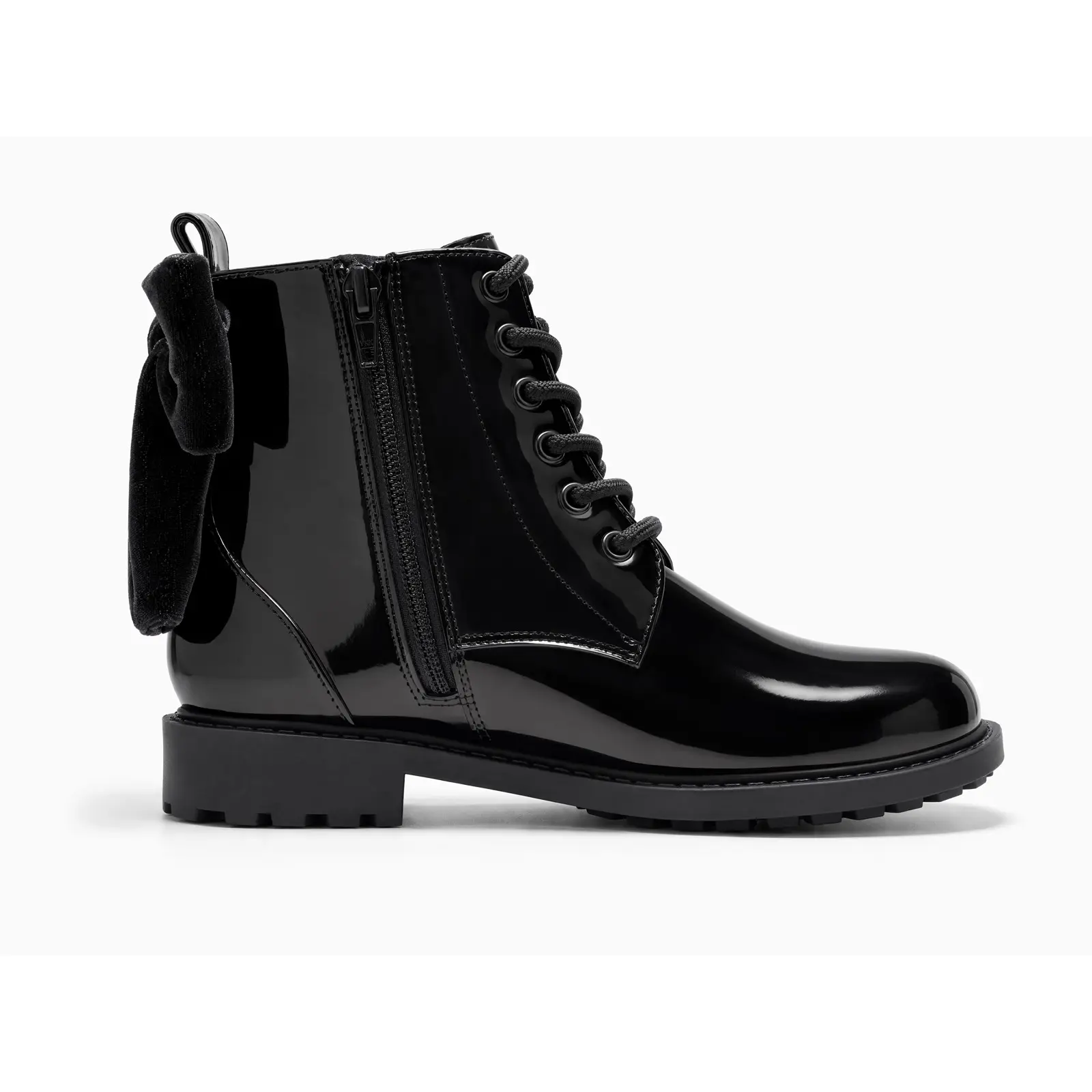 Coutgo Girls' Casual Combat Footwear Boots - Chunky Low Block Heel, Bow Lace-Up, Side Zipper, PVC Leather Round Toe Ankle Booties for Fall Winter School Parties