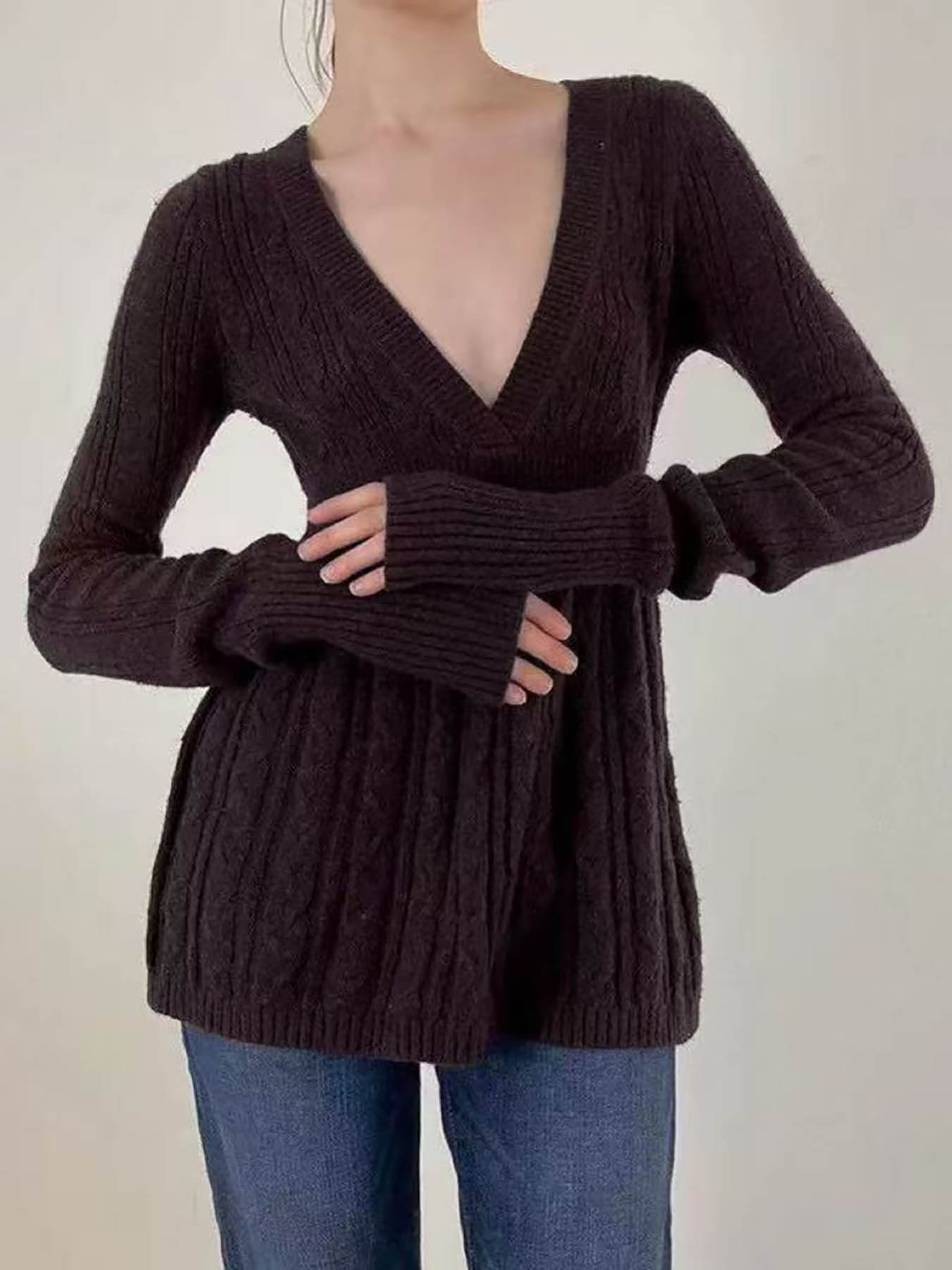 Women's Y2K Vintage Sweater, Soft Long Sleeve V-neck High Waist Knitwear for Women