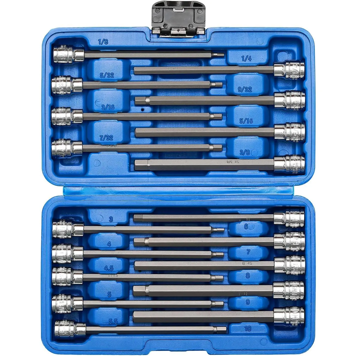 18PCS 3/8" Drive Extended Length Hex Bit Socket Set, CR-V & S2 Steel Extra Long Bits, Dual SAE/Metric Sizes, Deep Access, 1/8"-3/8" SAE & 3mm-10mm Metric