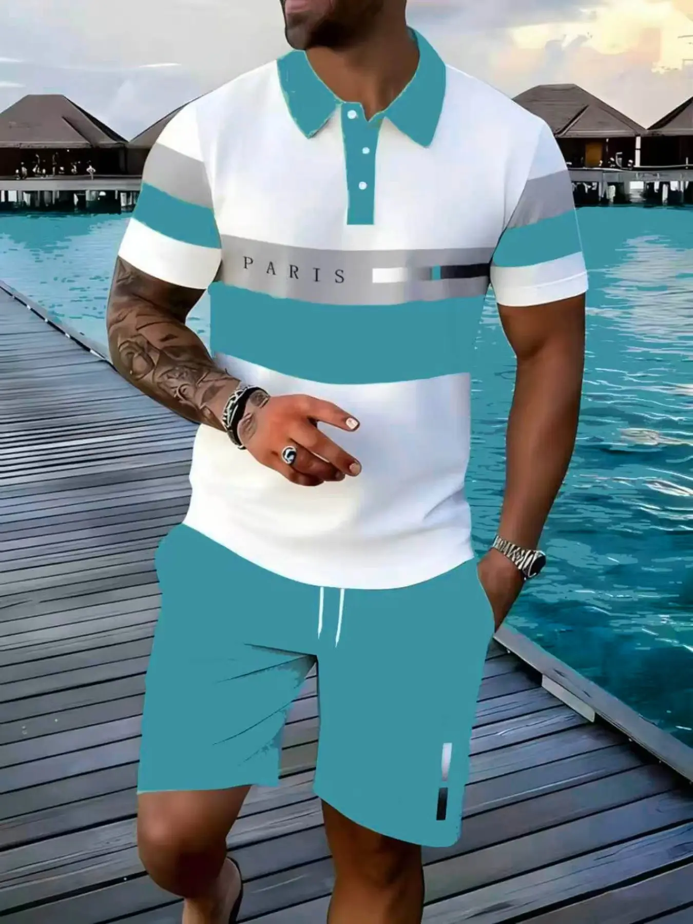 Summer Casual Fashion Streetwear Set, Menswear Outfit, Polo Shirt and Shorts Combo, Striped Print Set, Horizontal Stripes with Paris Letter Pattern, Two-Piece for Men