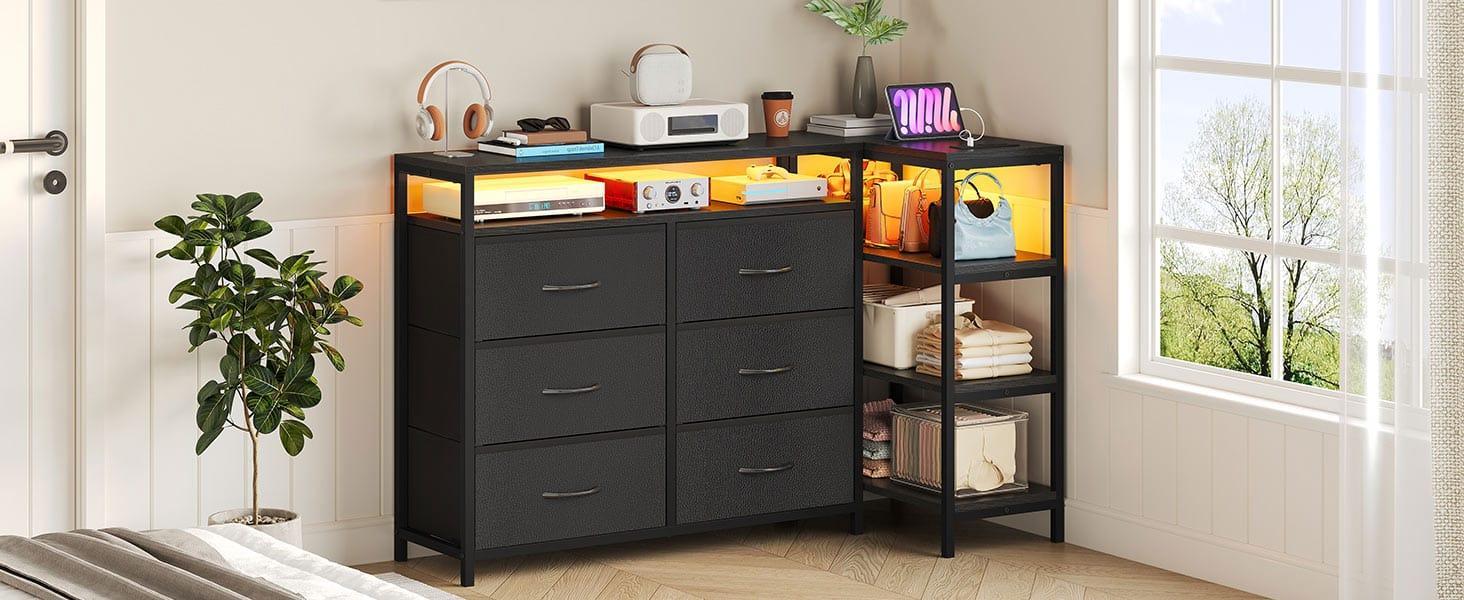 Corner L Shaped LED TV Stand Convertible Dresser Black