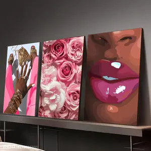 2D/Flat, 3-piece set of wooden framed canvas posters - Pink roses and lips fashion art - Canvas wall art - Posters - Room decoration - Wall decoration - Living room decoration - Bedroom decoration - Home decoration - Personalized canvas photos - Personali