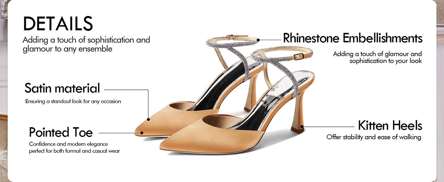 Coutgo Womens Rhinestone Heels Kitten High Satin Pumps Pointed Toe Sparkly Sexy Wedding Dress Shoes