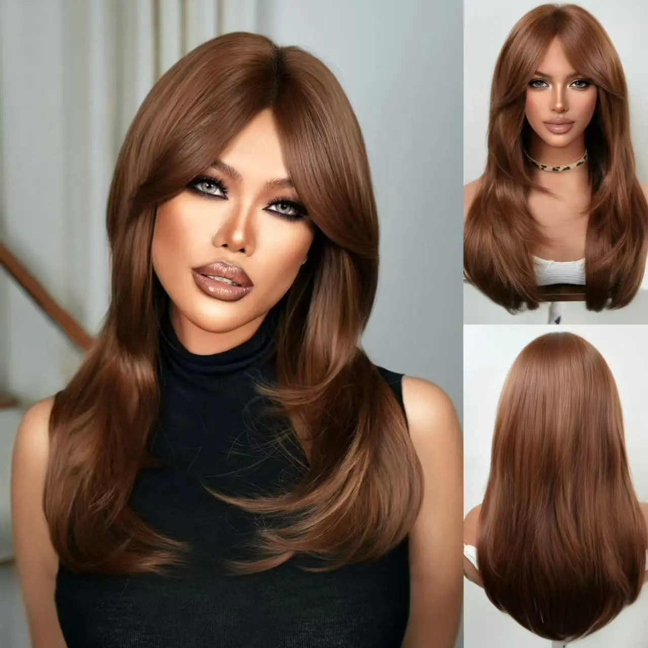 Women's 24-in Auburn Red Brown Glueless Synthetic Full Machine Wig - Silky Straight Layered with Curtain Bangs, Face Framing, Anti-Tangle Beginner-Friendly, Heat Resistant Glueless Wigs for Casual Wear, Party Outfit, All-Season Use