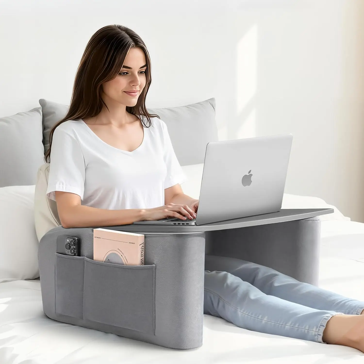 Reading Pillow for Gaming with  Arm Rests, Wooden Lap Desk for Laptop, Support Pillow with Side Pockets for Reading, Writing, Working, Gaming  Bed, Couch or Floor (Gray, Large)