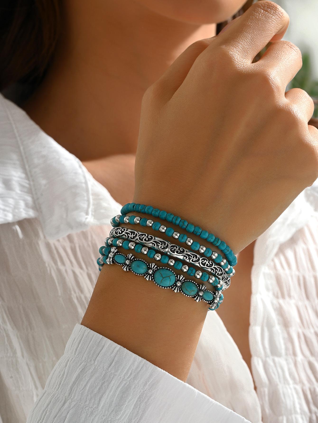 Turquoise beaded DIY bracelet - Bohemian style handcrafted multi-piece jewelry set
