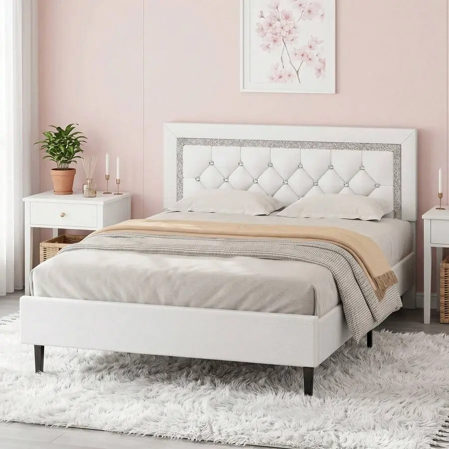 Twin/ Full/ Queen Bed Frame With Headboard, Modern Upholstered Bed Frame With Diamond Tufted Headboard, PU Leather Bed Frame, No Box Spring Needed, Easy Assembly, White/ Black/ Pink
