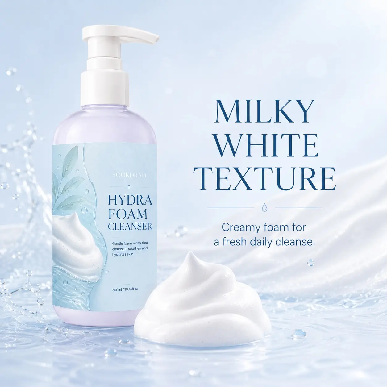 Hydra Foam Cleanser, gentle foam wash, cleanses skin, soothes skin, hydrates skin, facial cleanser, 300ml/10.14fl oz, Gentle Foaming Cleanser