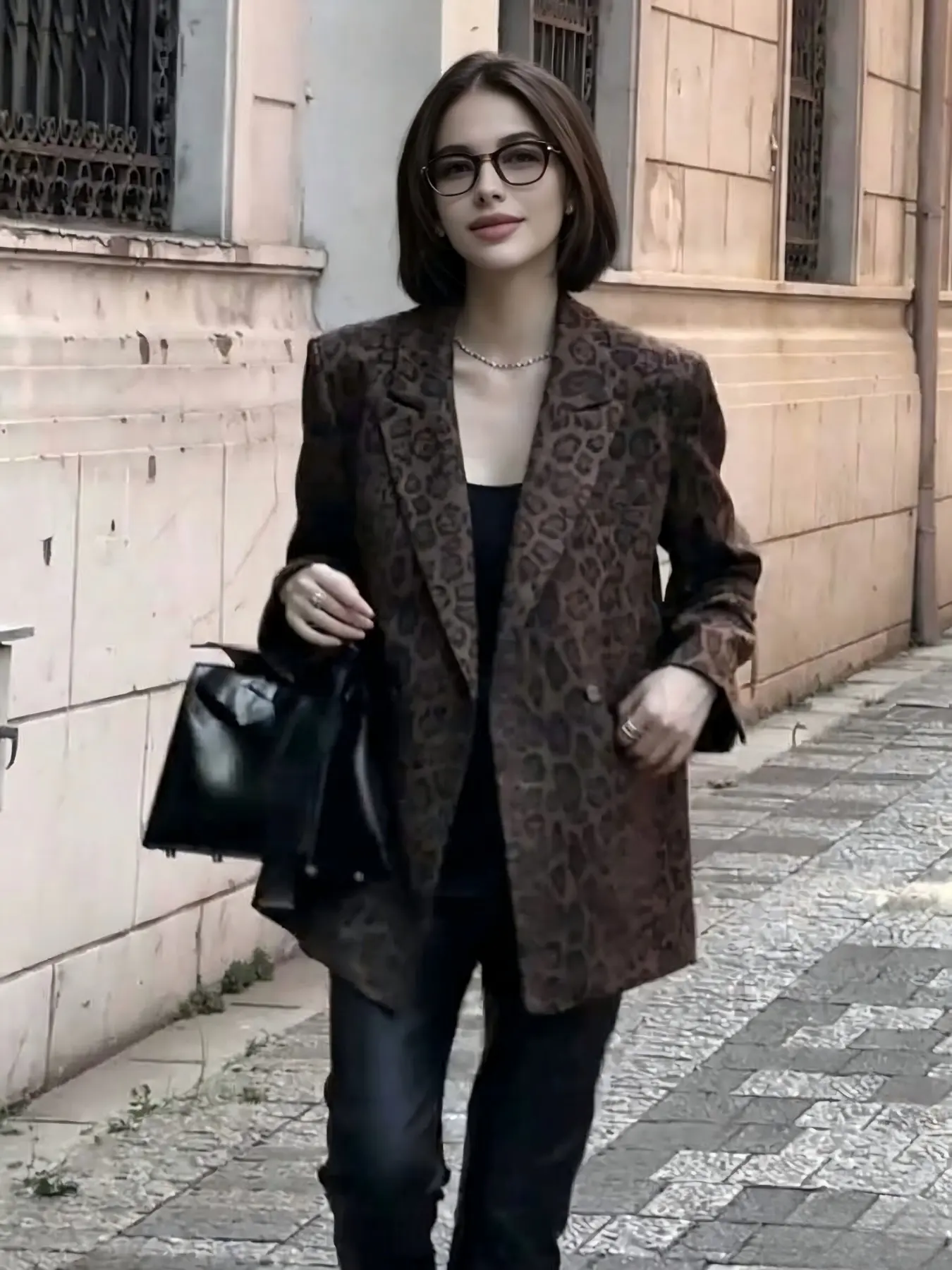 Vintage Deep Leopard Print Blazer for Women, Loose Fit Drop Shoulder Notched Lapel Single Button Mid-Length Casual Suit Top