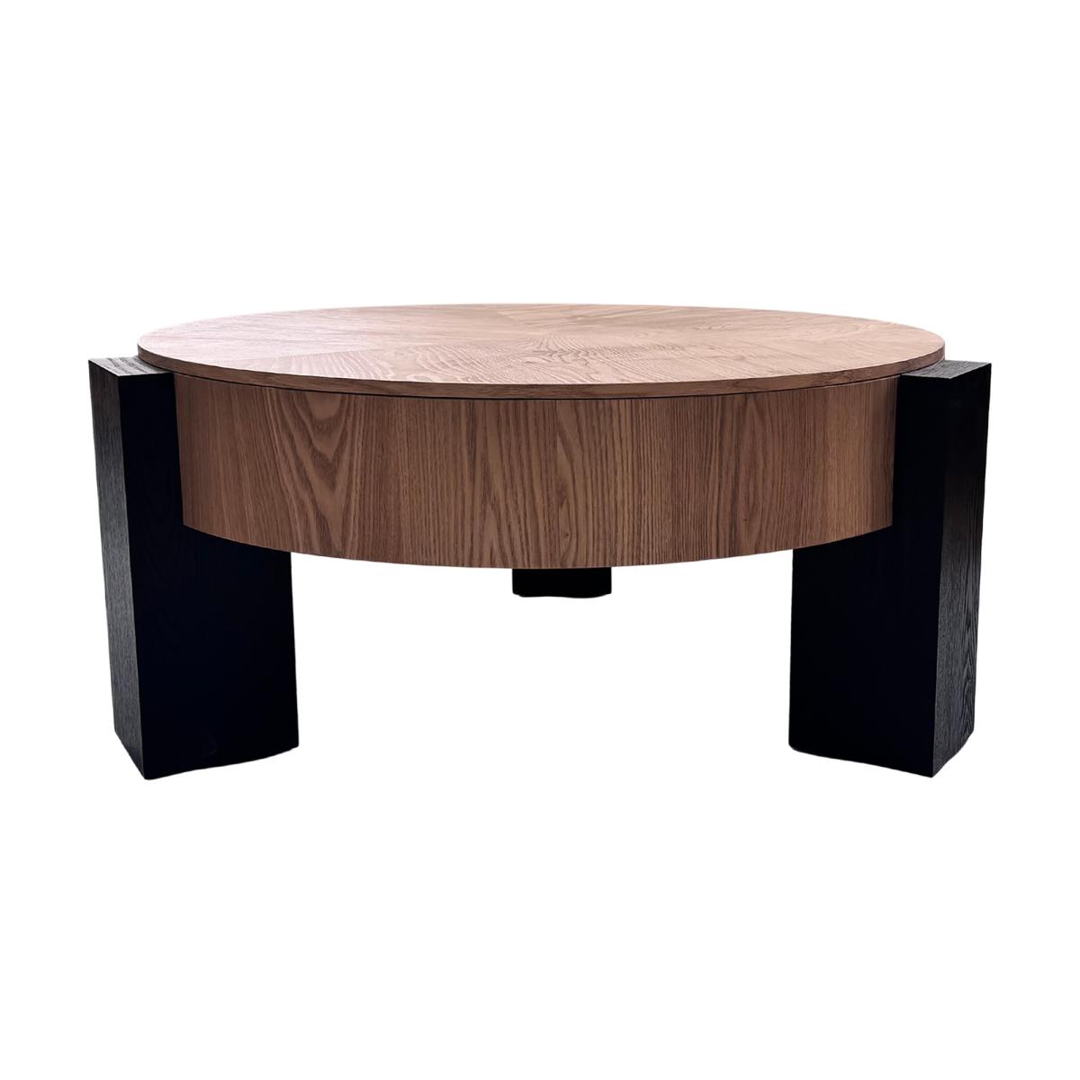 33'' Round Coffee Table with Hidden Storage, Modern Wabi-Sabi Wood Parquet Veneer Top Table, 3 Block Legs Sturdy Center Accent Table for Living Room, Small Space