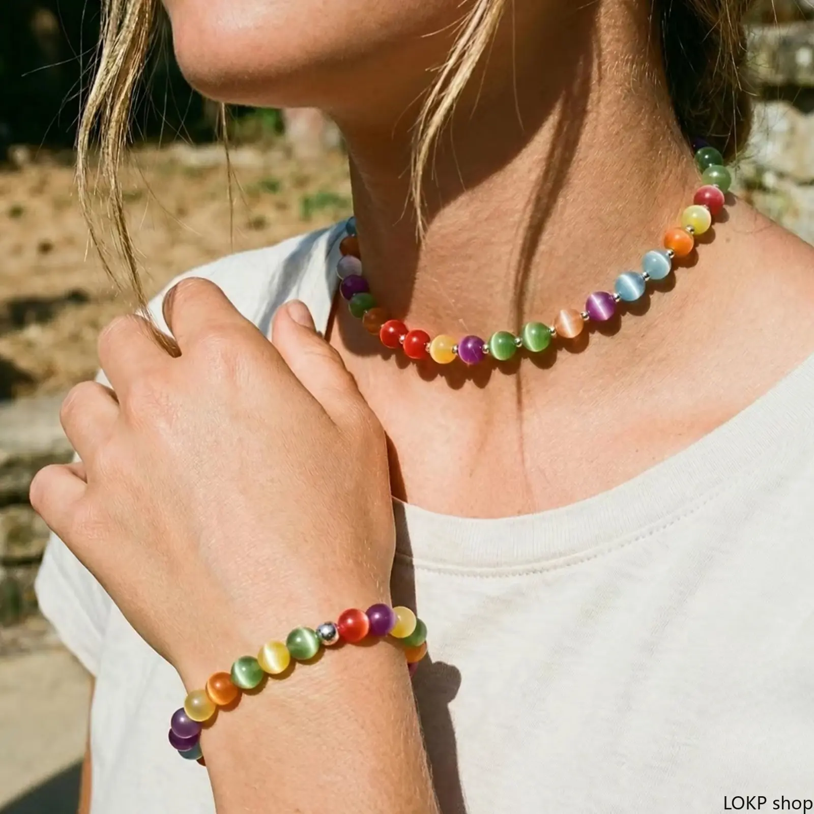 Rainbow UV Reactive Beaded Choker Necklace - Waterproof Stainless Steel Stackable Fashion Jewelry for Summer Daily Wear
