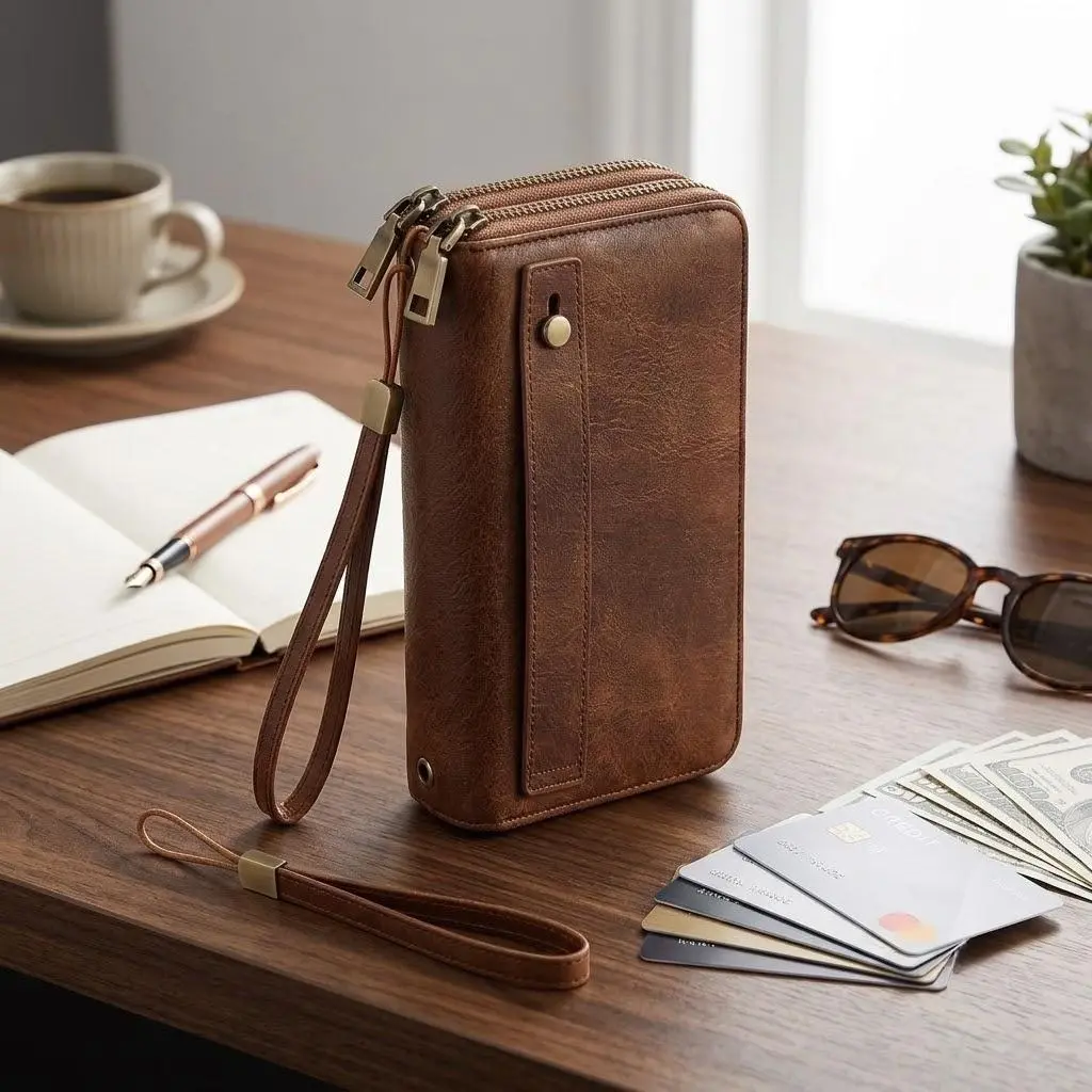 Women's Wallet/Clutch – Genuine Leather High-Capacity Wristlet with RFID Blocking and Wrist Strap; Doubles as a Credit Card Holder