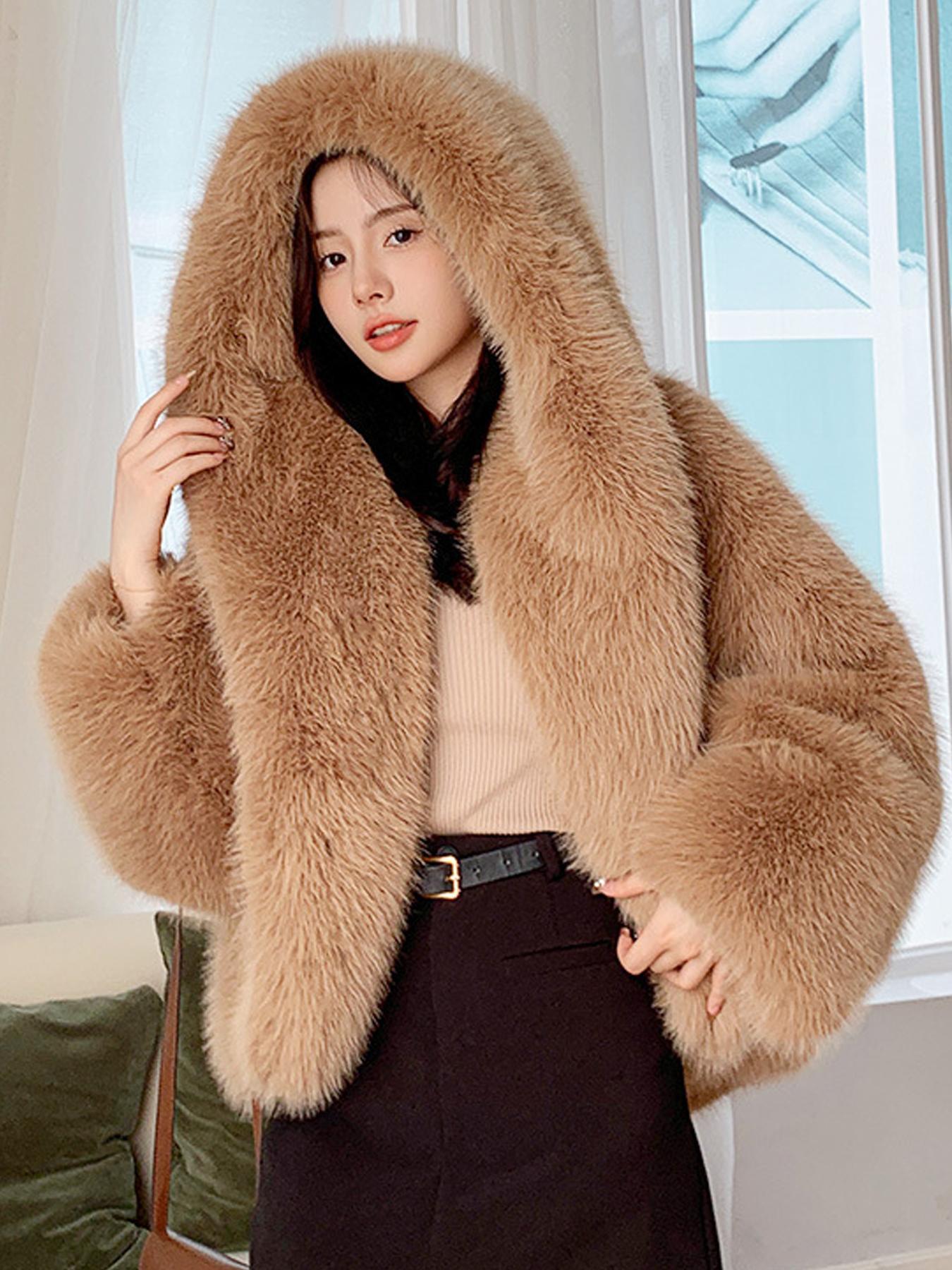 Women's Solid Color Hooded Faux Fur Coat, Casual Loose Long Sleeve Thermal Jacket for Fall & Winter, Women's Clothing for Daily Wear