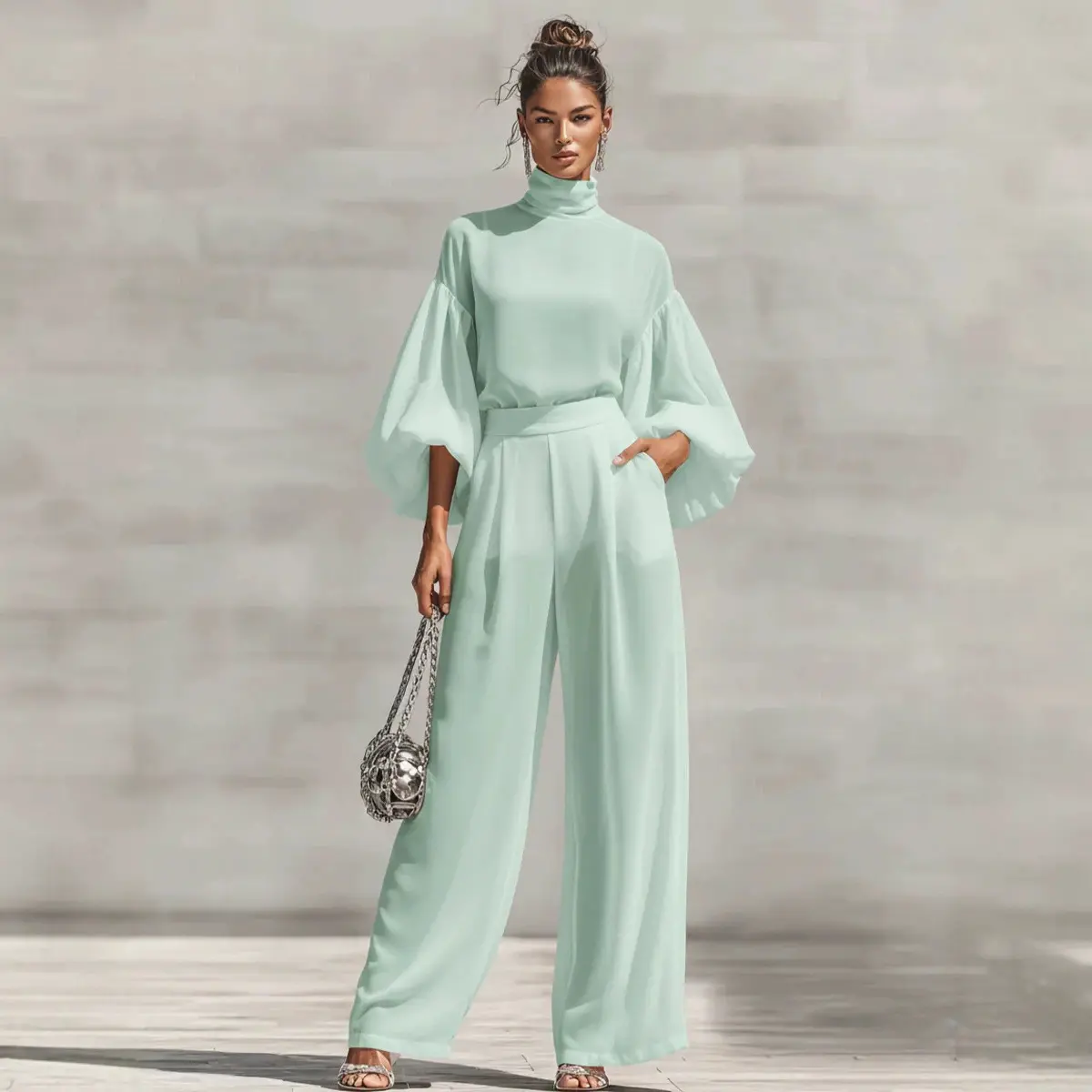 Women’s Elegant Solid Color Chiffon Two-Piece Set, Mock Neck Puff Long Sleeve Blouse & High-Waisted Draped Wide-Leg Pants, Dressy Matching Outfit for Office, Party, Wedding Guest and Special Occasions