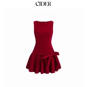 Cider Velvet Boat Neck Ruffled & Bowknot Mini Dress SummerFinds