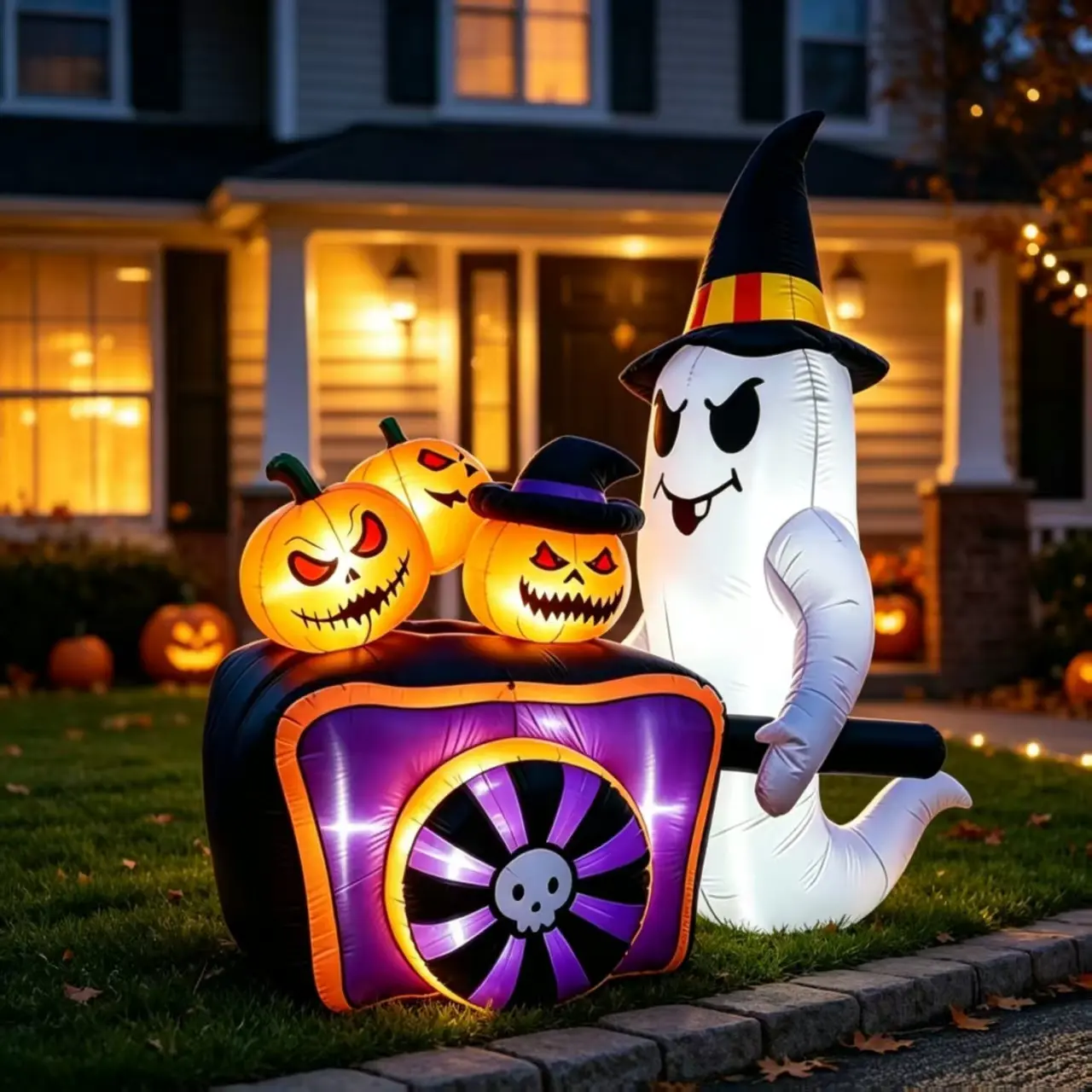 1.5 Meter Glowing Ghost Pumpkin Car Inflatable, Halloween Outdoor LED Decor, Garden Party Ghost Cart Festival Inflatable Decoration