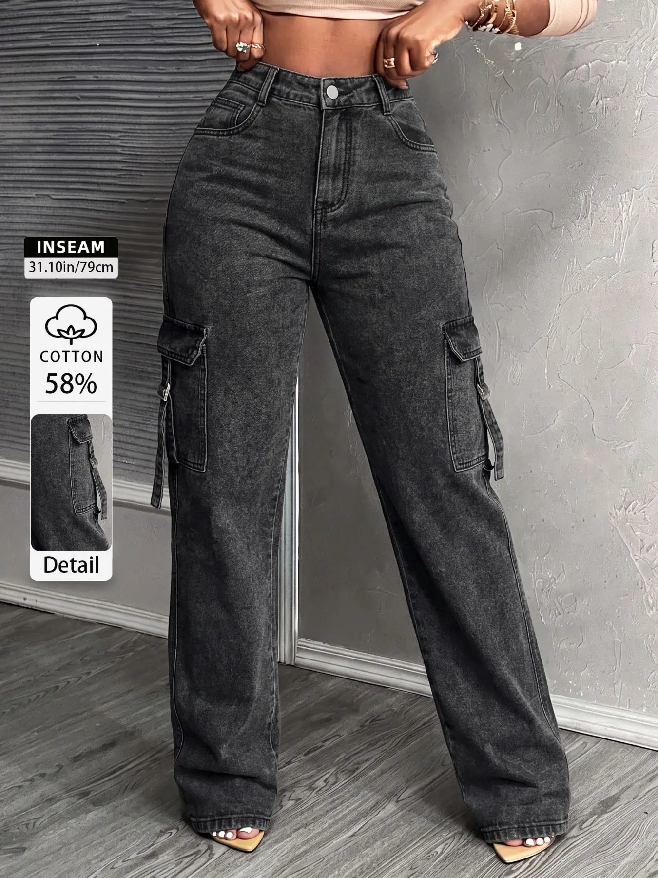 Mid-Rise Baggy Cargo Jeans with Big Pockets, Trendy Streetwear Denim Pants for Latina, Slimming Casual Outfit for Party, Quinceañera, Club, Vacation, All Seasons