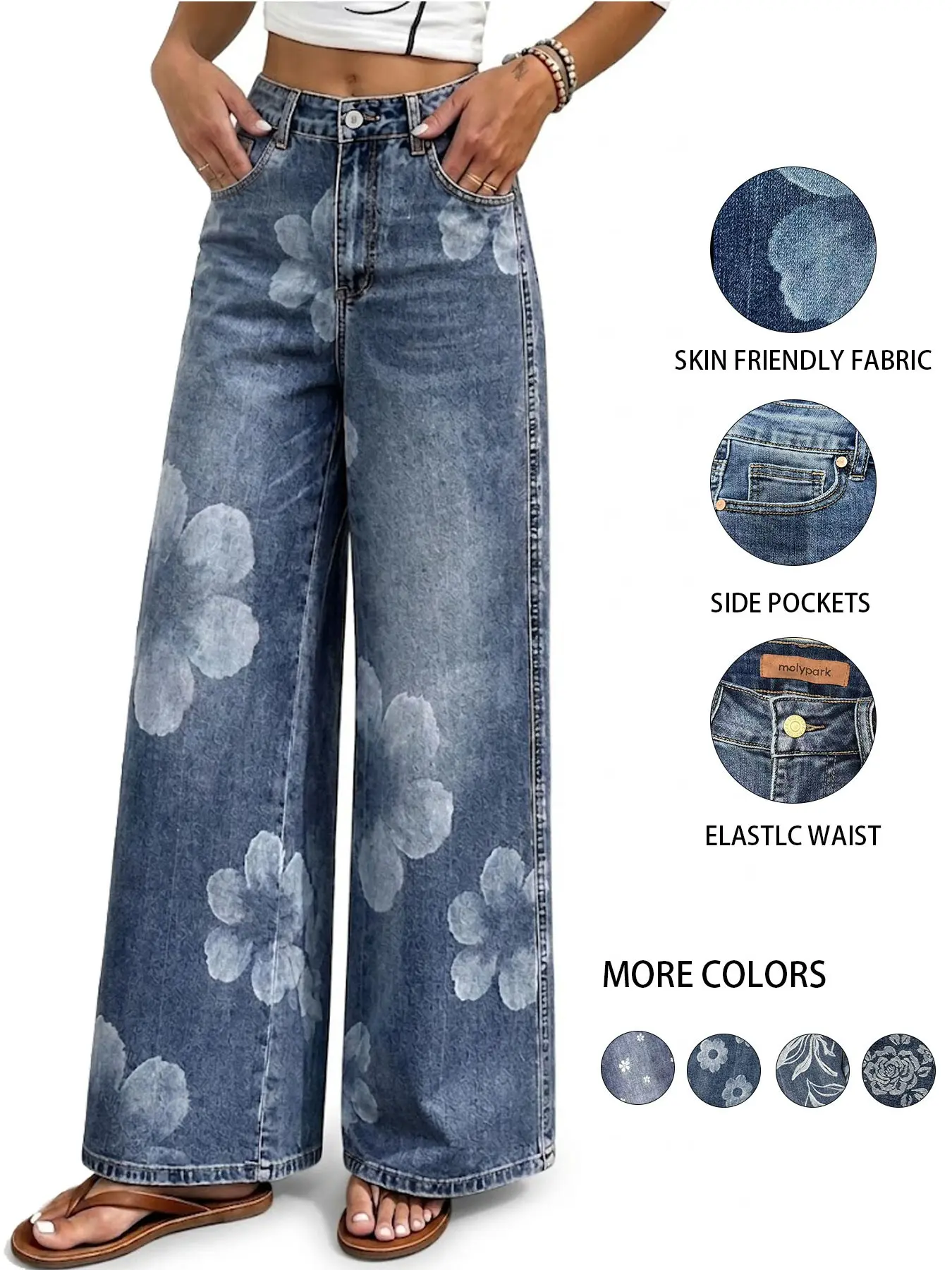 Molypark Women's High Waisted Floral Wide Leg Jeans, High Stretch Vintage Washed Baggy Denim Pants for Everyday Wear, Back to School, Fall Winter & Casual Streetwear