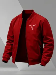Men's Classic Bomber Jacket, Minimal Bull Skull Print Zip-Up Casual Windbreaker, Lightweight Western Style Daily Outdoor Streetwear Coat #BullSkullPrint #WesternStyleJacket #CasualBomber #WindproofOuterwear #TikTokMadeMeBuyIt