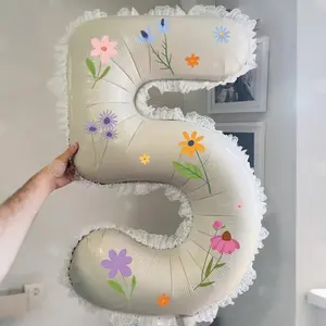Cream Color Number Balloon Set, Includes Foil Large Number Balloons 0-9, Lace Trim, DIY Floral Stickers, Random Style
