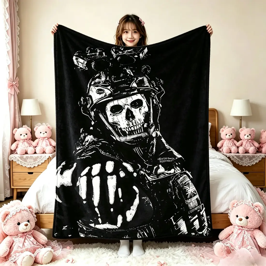 COD Ghost Tactical Skull Flannel Throw Blanket, Black White Reaper Gaming Character Print Soft Fleece Blanket, All Season Cozy Sofa Bed Nap Cover, Perfect Birthday Father’s Day Gift For COD Gamer Fans, Polyester, Classic