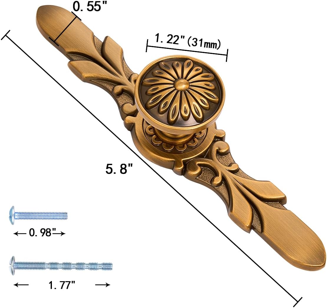 10 Pack Antique Copper Knobs with Backplate - 1.22 Knob & 5.8 Plate - Rustic Drawer Knob for Decorative Flower Look, Kitchen Cabinet Knobs, Bedroom Dresser