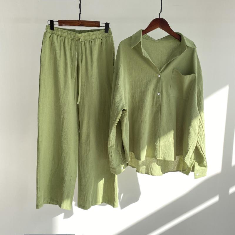 Ms. Xun's 2-piece Retro Plus Size 2026 Cotton Linen Shirt Set with High-waisted Loose Trousers