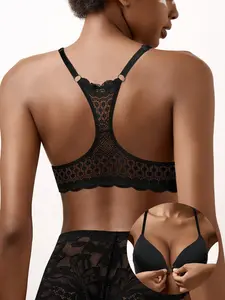 1/3PCSWomen Underwire Front Closure Push Up Bra, Lace Racerback with Scalloped Trim, Adjustable Thin Straps, High Side Support, Thin Molded Cup Seamless Breathable Lingerie