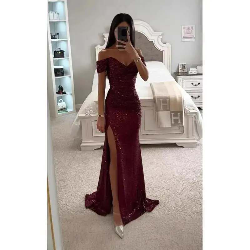 Sexy Side Slit Ballgown Shiny Sequins Women's Dress Independent Station Polyester Borderless Flashing Lightweight Fashion Formal Womenswear