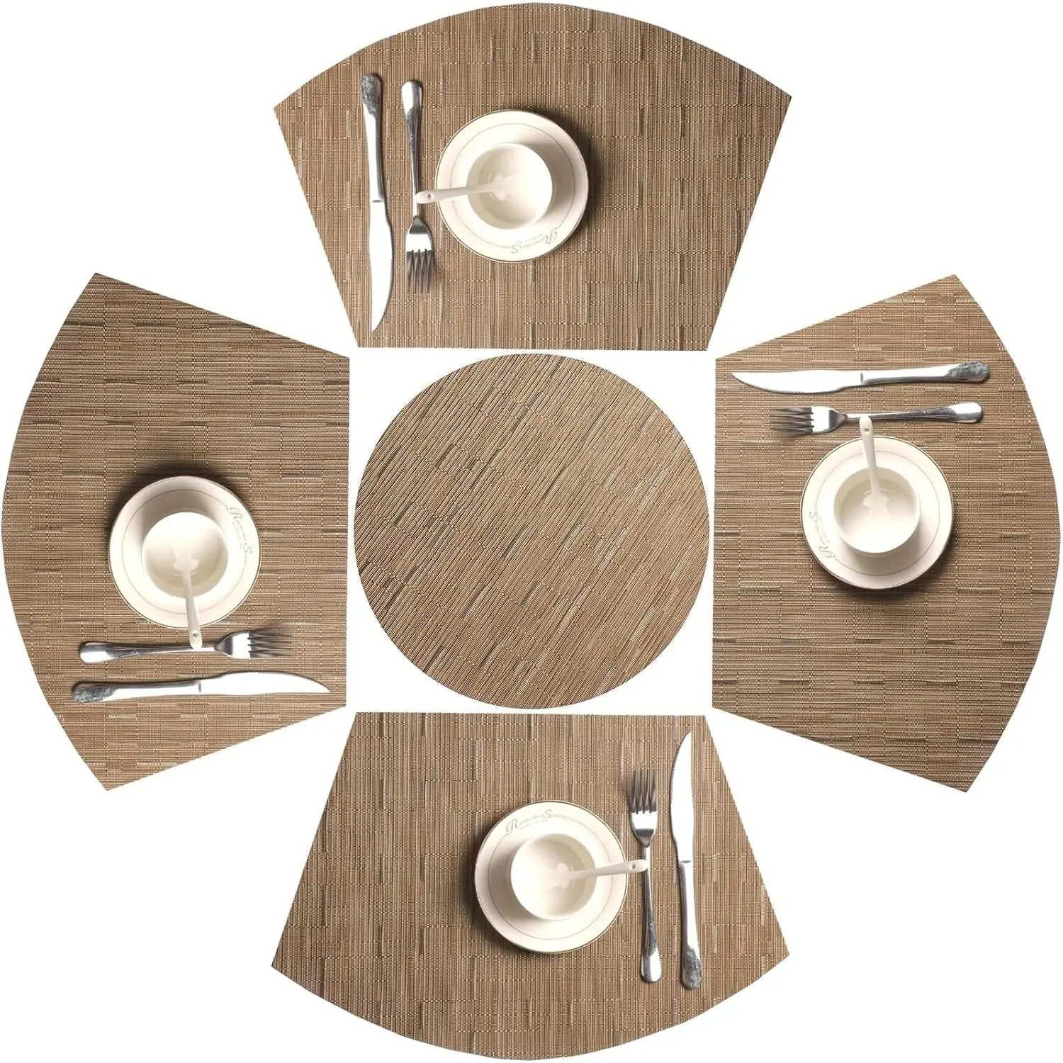 Small Round Table Placemats Set of 5 Woven Vinyl Wedge Placemats with Centerpiece Round Table Mats Heat Resistant Wipe Clean (5, Tan)