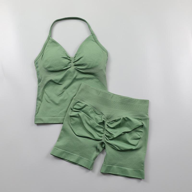 Impact Seamless Yoga Set Women 2Pcs Padded Halter Tank Top Scrunch Butt Lifting Gym Shorts Set Summer Sportswear Workout Clothes Sporty High Stretch Breathable Outfits Sporty High Stretch Sporty Breathable Outfits