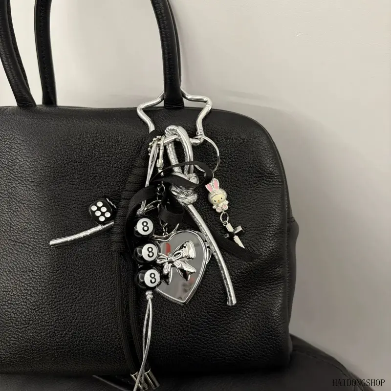 Black Silver Y2K Sweet Cool Heart Mirror Woven Strap Bag Charm, Multi-Functional Edgy Car Keychain Pendant, Goth Girly Purse Decor For Women Daily Backpack Street Casual Outfits,love