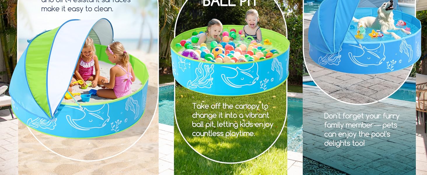 Foldable Kiddie Pool with Canopy: 47in Baby Pool and Beach Tent for Toddlers Infants 6-12 Months and Kids 2-4 Years Old - Portable Water Play with Shade for Outdoor Backyard Beach (Blue-Blue)