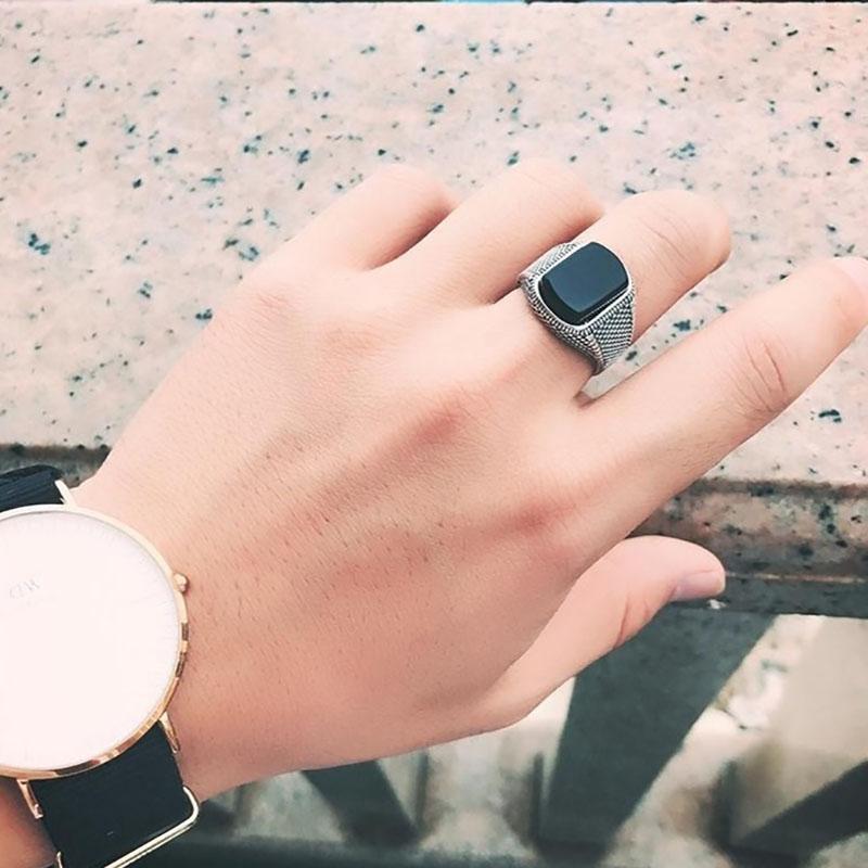 New silver advanced creative geometric diamond inlaid black agate gemstone men's lady domineering exaggerated adjustable ring