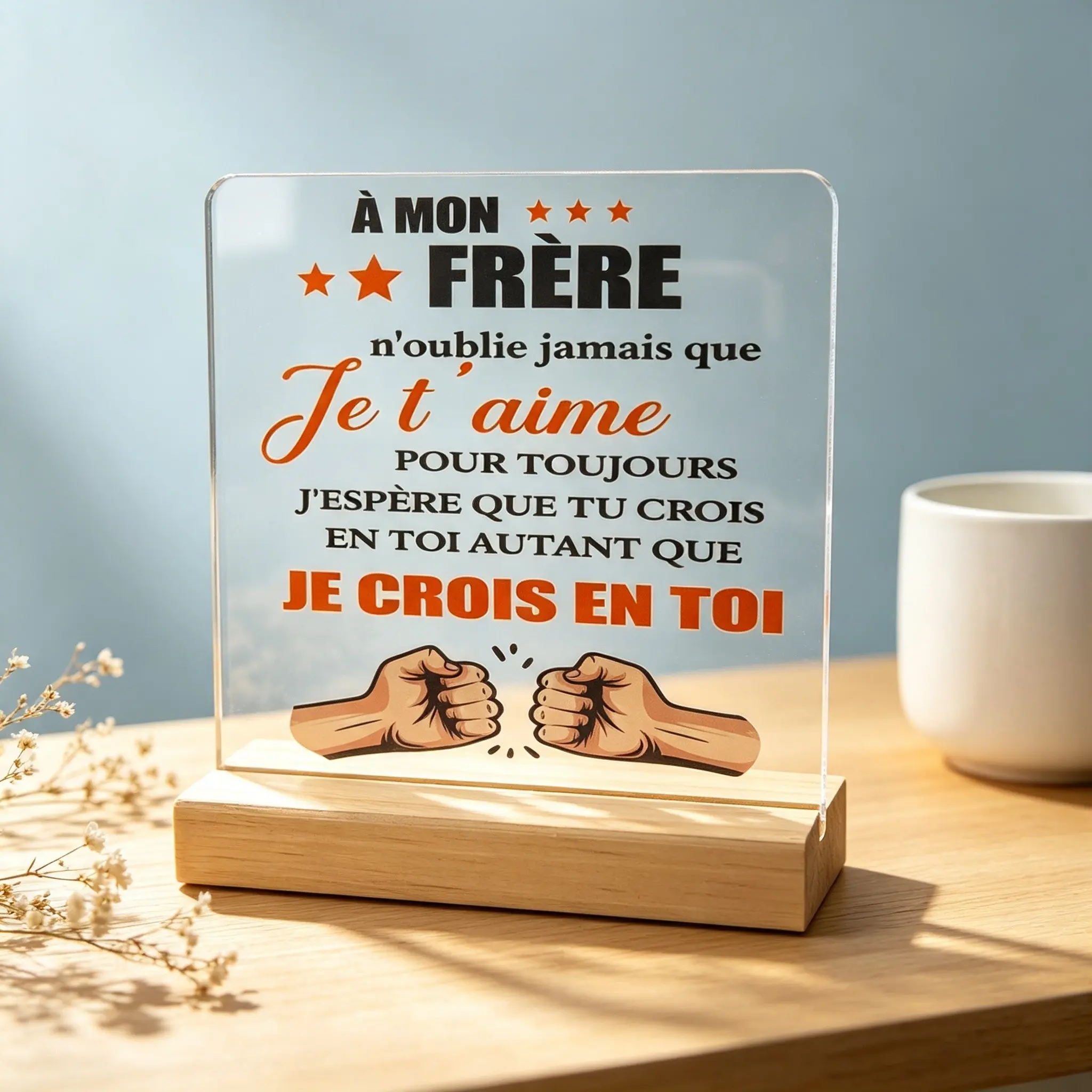 French Acrylic Sign with Stand Base, Inspirational Quote Decoration, Ideal Home & Farm Desk Decor, Heartfelt Gift for Family