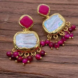 kkgem 12x20mm Cultured White Pearl Fuchsia Jade Tiger Eye Stud Earrings Dangle Fashion Earring