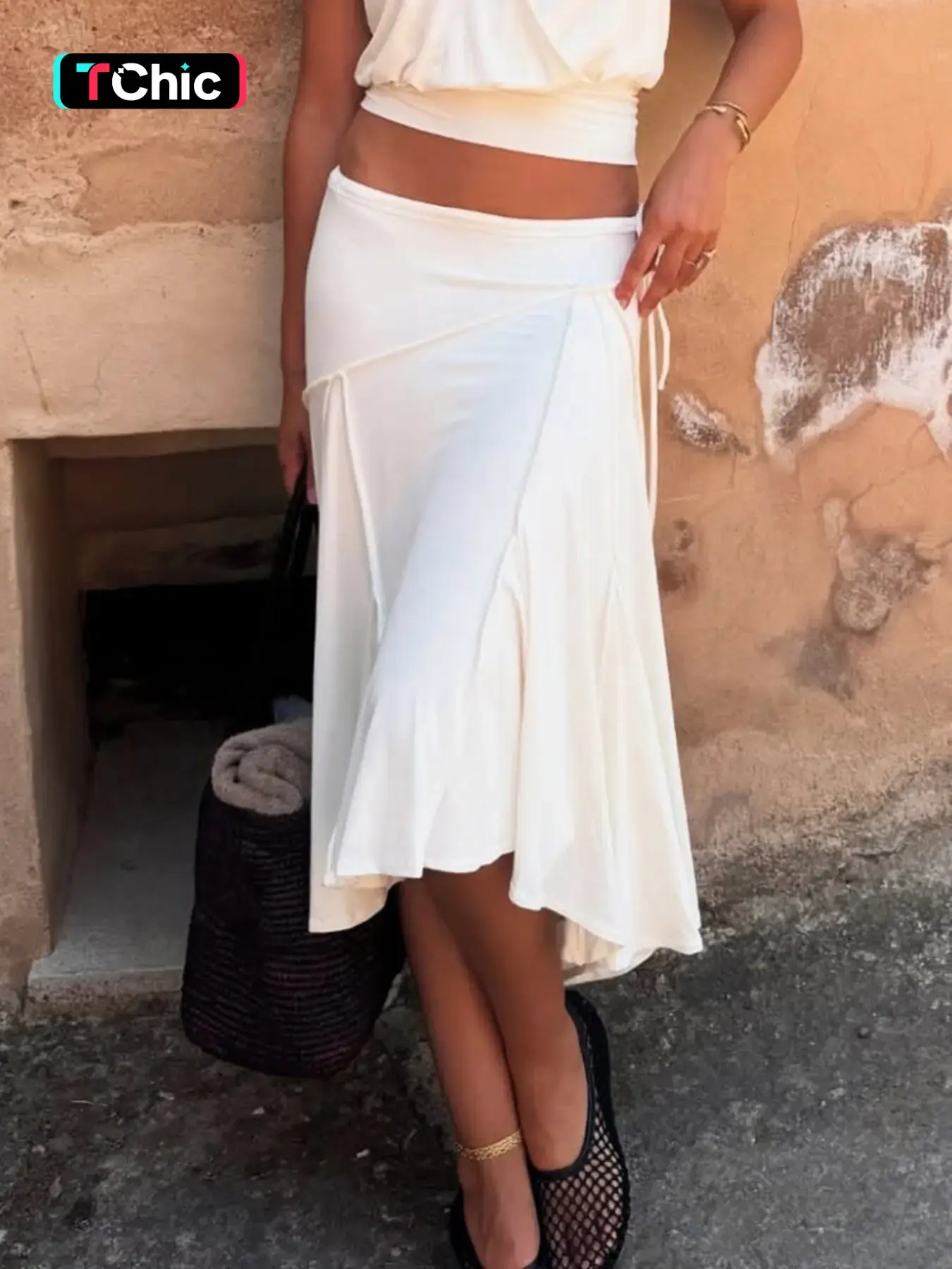 Street Style Loose Skirt with Tie Design, Low Waist Midi Skirt for Women, Plain Color Asymmetrical Hem, Elegant and Simple, Minimalist