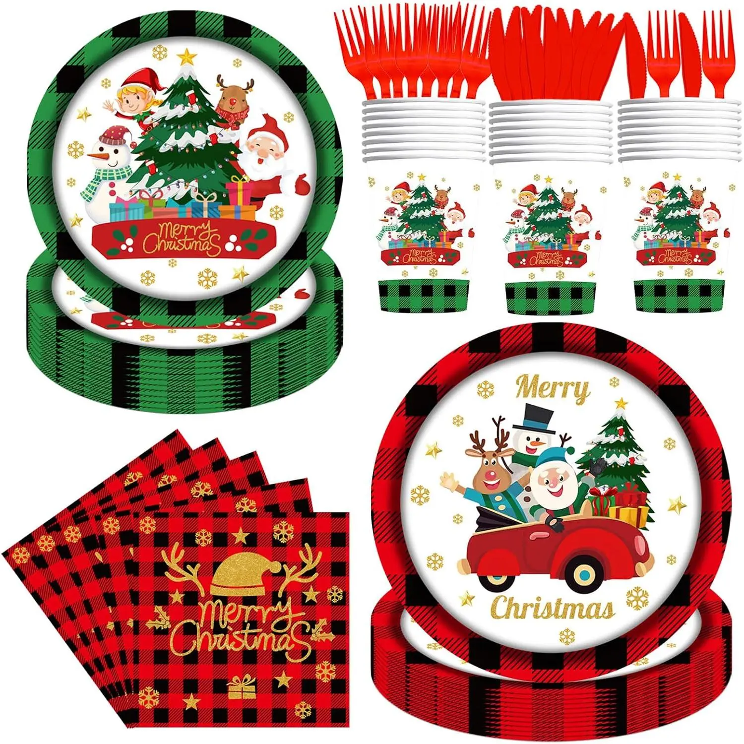 144 count Christmas Party Supplies, Christmas Plates and Napkins Set for 24 Guests, Merry Christmas Party Tableware Set for Buffalo  Xmas Party Supplies Santa Christmas Dinner Party Decorations