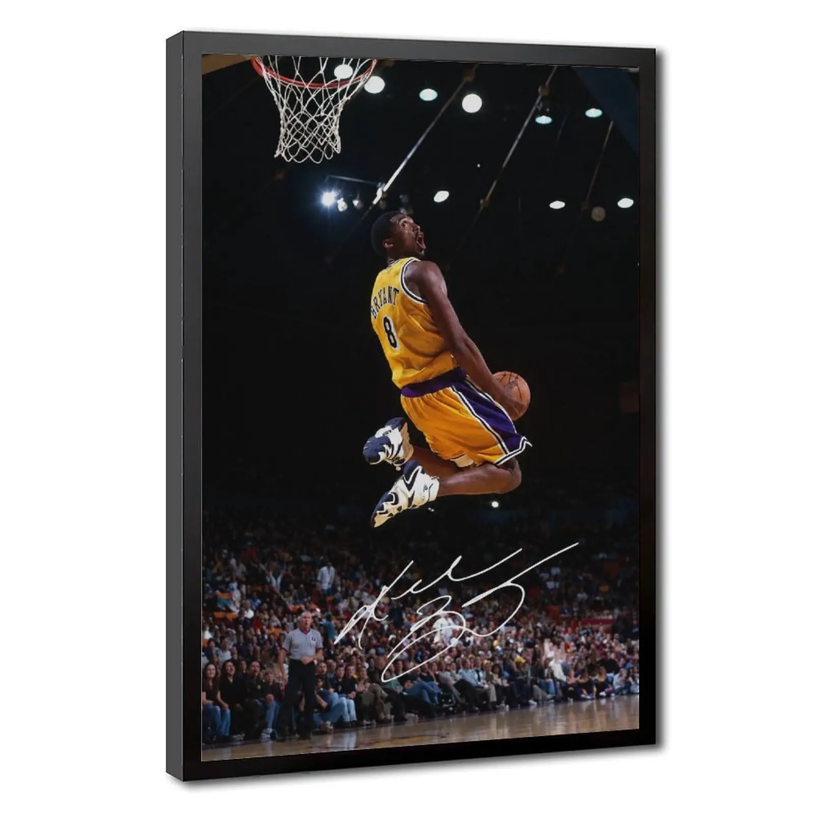 Kobe Bryant Vertical Canvas Wall Art Print - Retro NBA Basketball Poster, Young #8 Los Angeles Lakers Jersey Flying Dunk, Signature Legendary Room Decor for Home