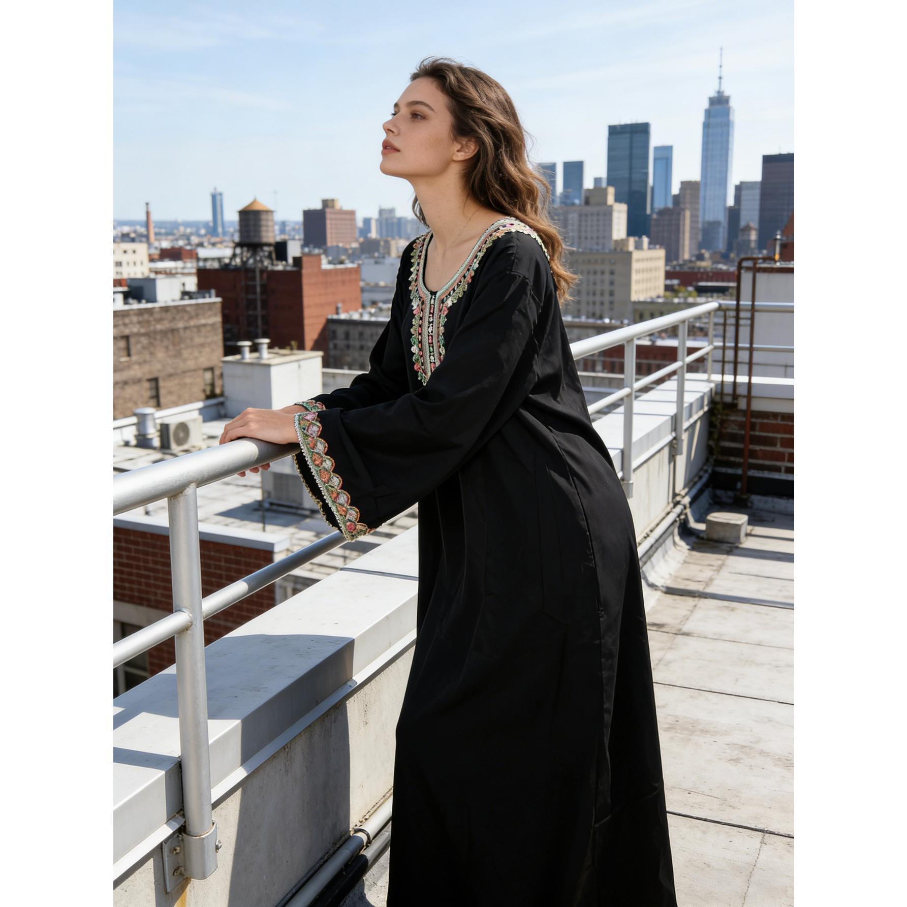 Elegant Black Embroidered Kaftan Maxi Dress Modest Boho Flowy Gown | Size Inclusive S-XL | Perfect for Evening Dinner, Church, Vacation & Daily Chic