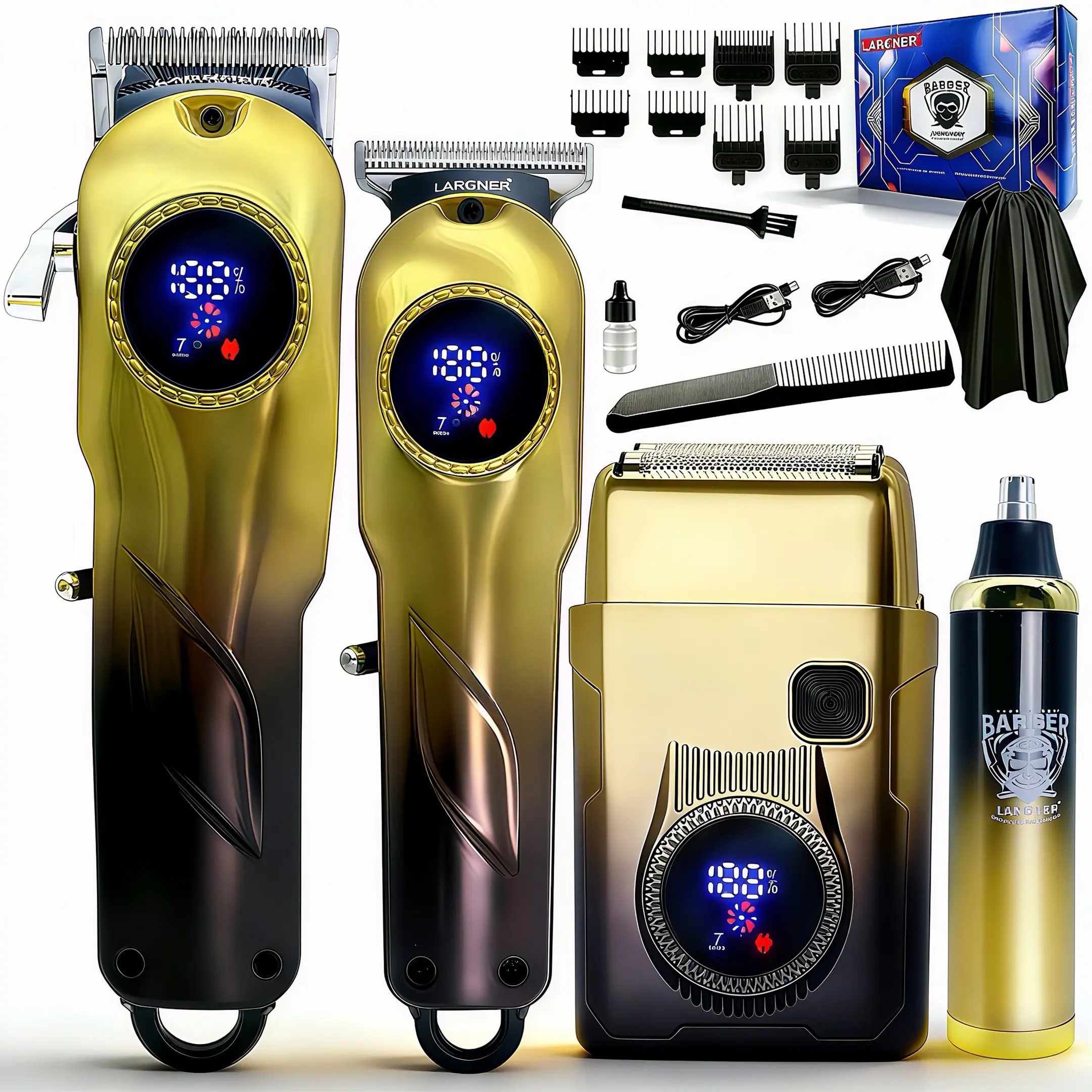 LARGNER-Men's Professional Hair Clipper Set, Cordless Barber Hair Clippers Kit with Trimmer, Four-In-One Hair Cutting Tool, Gold Gradient Color