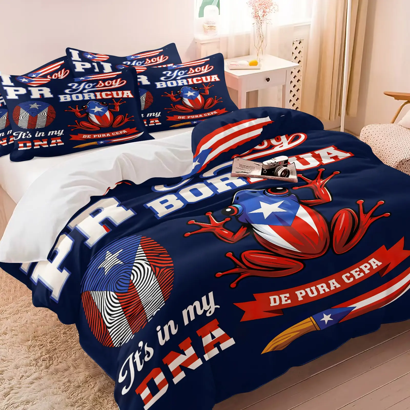 Puerto Rico Patriotic Vintage Corgi Frog Print Duvet Cover Set, Includes 1 or 2 Pillowcases, Navy Blue Puerto Rico Flag DNA LetterDesing, Soft Comfortable Fabric, All-Season Bedroom Decor, Theme Bedding Set, Comfy Bedding Sets
