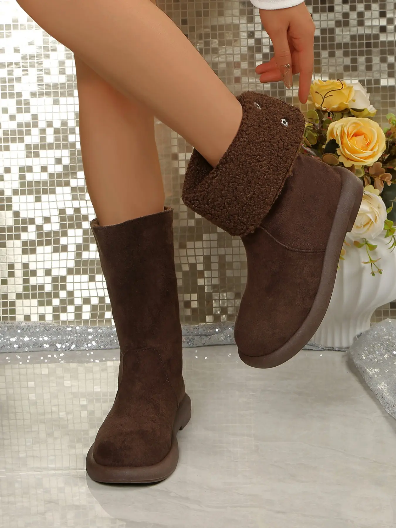 Two-In-One Teddy Fur Short Boots, Fall & Winter Warm Snow Boots, Casual Fabric Upper, Rubber Sole, Above Ankle Height