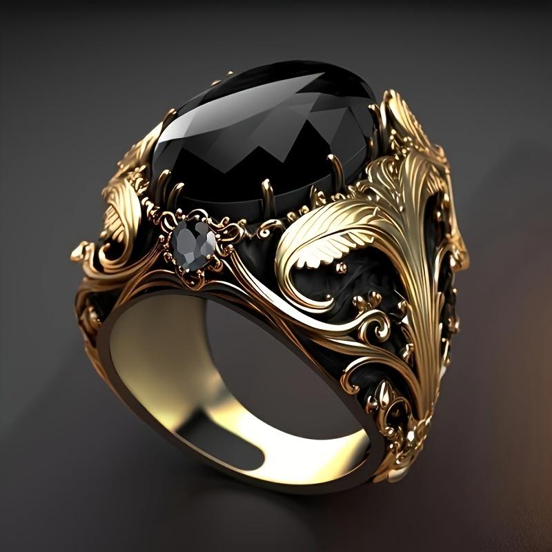Vintage Men's Ring with Black Oval Artificial Hinestones, Copper Craftsmanship, Retro Golden Finish, Daily Casual Single Ring, Ideal Jewelry Gift for Both Men and Women